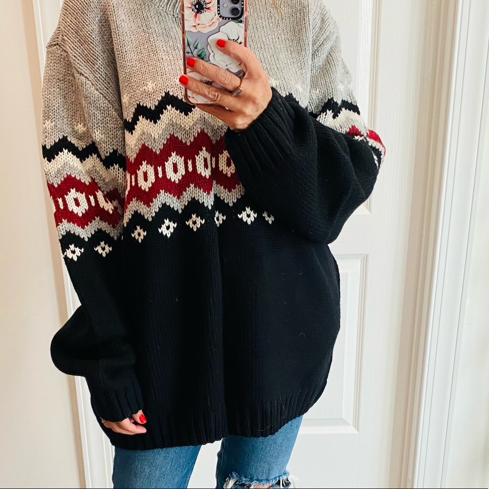 NWT Black Gray Red White Fair Isle Cozy Wool Blend Cozy Sweater